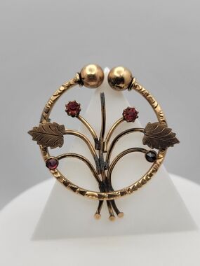 Antique Victorian Gold Filled Brooch Red Paste Botanical Circle Pin c1880s